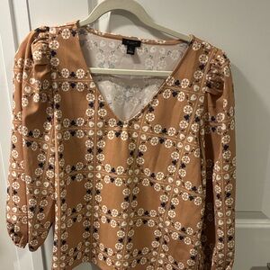 Ann Taylor Floral Grid Blouse in Tan and Navy